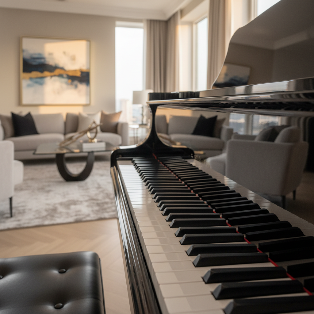 햇살이 부드럽게 내리쬐는 세련된 거실에서 하얀색과 검은색 건반이 정밀하게 포착된 그랜드 피아노의 매끄러운 표면과 반사되는 질감