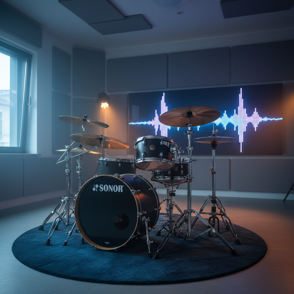 미니멀한 음악 스튜디오에 배치된 현대적인 드럼 세트로 반짝이는 황동 심벌즈와 매트한 질감의 스네어 드럼이 돋보이는 전문적인 무대 조명