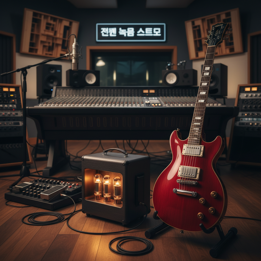 전문 녹음 스튜디오에서 은은하게 빛나는 빈티지 진공관 앰프에 연결된 세련된 체리 레드 색상 일렉트릭 기타의 고해상도 이미지